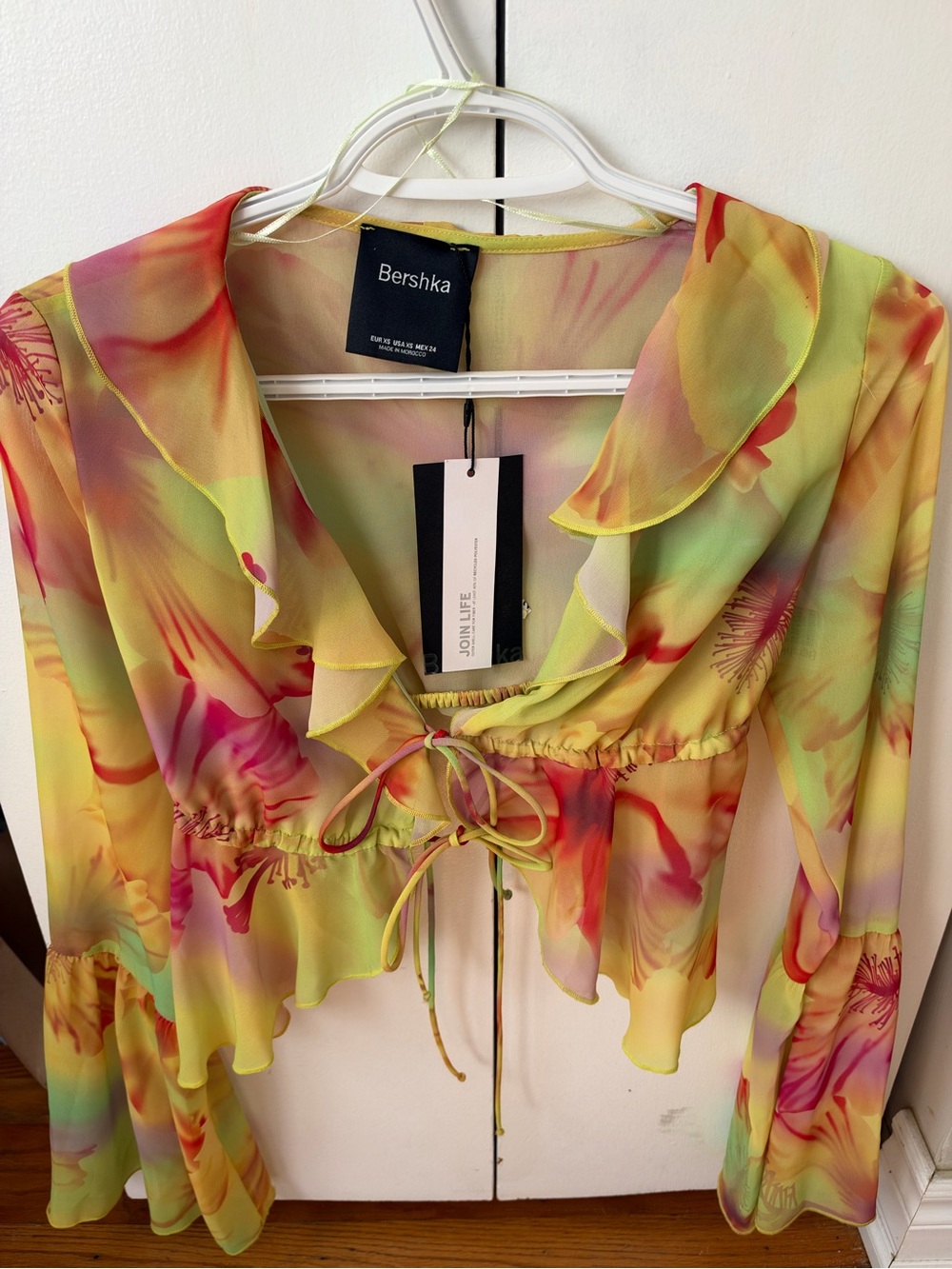 Bershka Yellow Pink Green Floral Tie-Front Ruffle Blouse